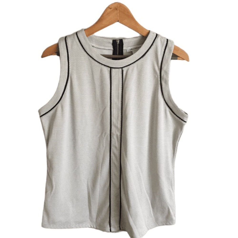 LIZ CLAIBORNE white and navy sleeveless zipped back closure tee size M